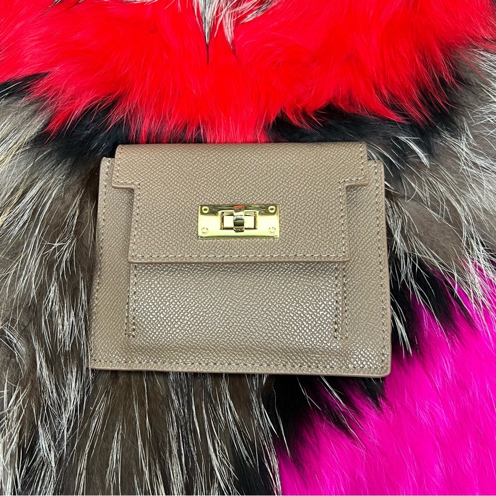 Taupe Genuine Epsom Leather Coin Purse Compact Card Holder with Gold Hardware.